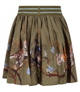 Green skirt for girl with all-over animals and butterflies and logo