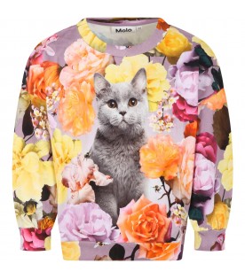 Multicolor sweatshirt for girl with cat and floral print