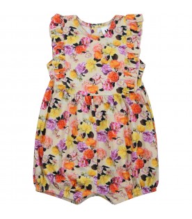Yellow romper for baby girl with all-over roses
