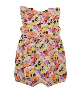Yellow romper for baby girl with all-over roses