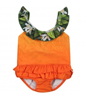 Orange swimsut for baby girl with logo