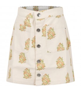 Ivory skirt for girl with all-over flowers and with logo