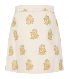 Ivory skirt for girl with all-over flowers and with logo