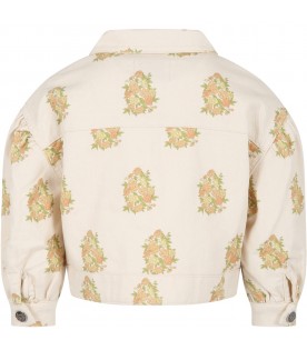 Ivory jacket for girl with flowers and logo