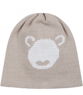 Beige hat for babies with bear