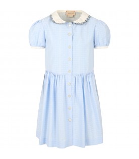 Light blue dress for girl with all-over "Guccily" writings