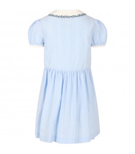 Light blue dress for girl with all-over "Guccily" writings