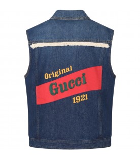 Gilet blu denim per bambino con ricamo "Original Gucci 1921"