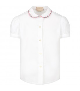 Camicia bianca per bambina con fiori e logo ricamati