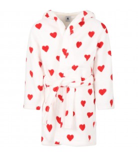 White bathrobe for girl with hearts and logo