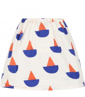 Ivory skirt for girl with print all-over and logo.