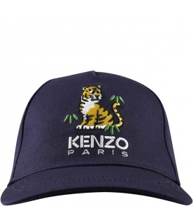 Blue hat for boy with tiger and logo