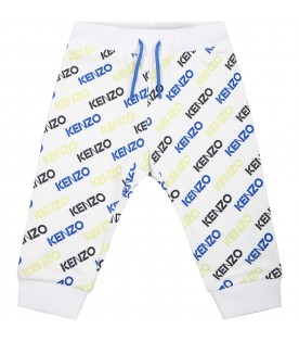 White trousers for baby boy with multciolor logo
