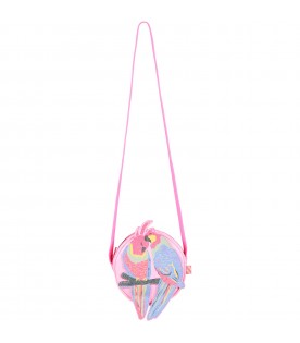Pink bag for girl with parrots and logo