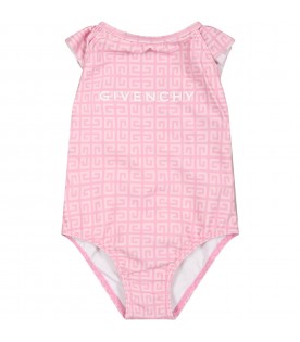 Pink swimsuit for baby girl with all-over iconic monogram