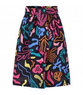 Black skirt for girl with multicolor print and logo