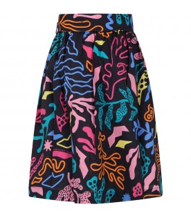 Black skirt for girl with multicolor print and logo