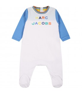 White jumpsuit for baby boy with multicolor logo