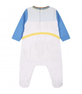 White jumpsuit for baby boy with multicolor logo