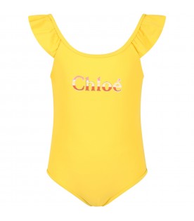 Yellow swimsut for girl with logo