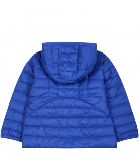 Blue down jacket for baby boy with logo