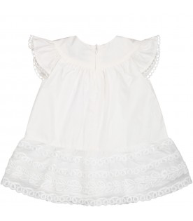 White dress for baby girl with embroidery and logo