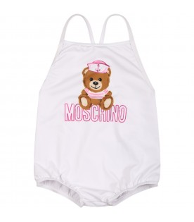 White swimsuit for baby girl with Teddy Bear and logo