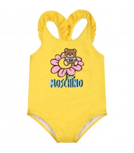 Yellow swimsuit for baby girl with Teddy Bear and logo
