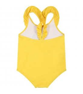 Yellow swimsuit for baby girl with Teddy Bear and logo