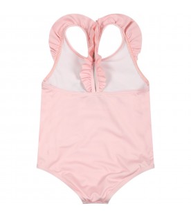 Pink swimsuit for baby girl with Teddy Bear and logo