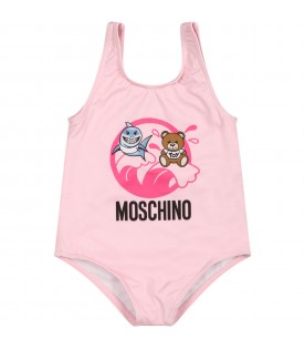 Pink swimsuit for baby girl with print and Teddy Bear