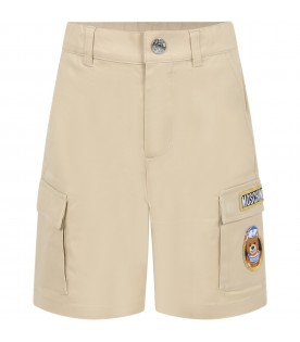 Beige shorts for boy with Teddy Bear and logo
