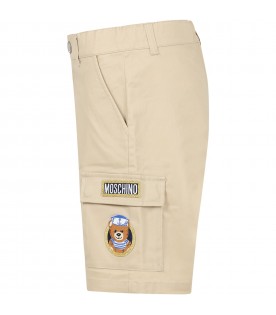 Beige shorts for boy with Teddy Bear and logo