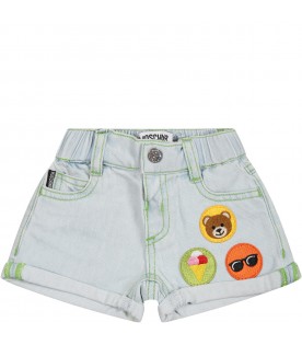 Light blue shorts for baby boy with patch and logo