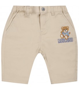 Beige trousers for baby boy with Teddy Bear and logo