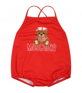 Red swimsuit for baby girl with Teddy Bear and logo