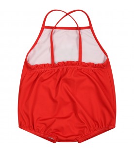 Red swimsuit for baby girl with Teddy Bear and logo