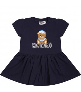 Blue dress for baby girl with Teddy bear et logo