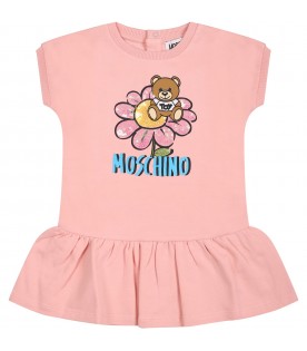 Pink dress for baby girl with Teddy Bear and flowers