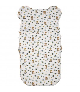 White sleeping bag for babies with Teddy bear and logo