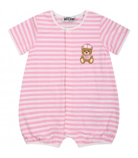 Multicolor romper for baby girl with Teddy Bear and logo