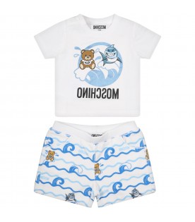 White outfit for baby boy with Teddy Bear, logo and print