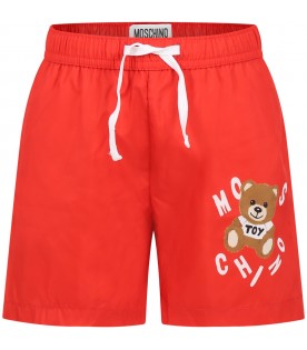 Red swim boxer for boy with Teddy Bear and logo
