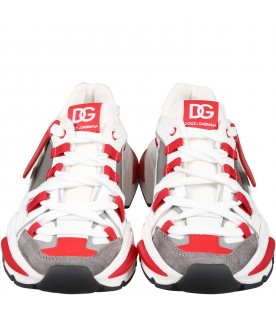 White sneakers for boy with logo and red details