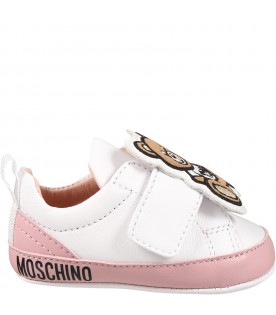 White sneakers for baby girl with logo and Teddy bear