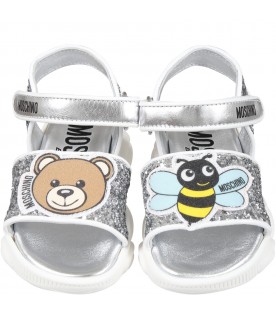 Silver sandals for girl with Teddy Bear, bee and logo