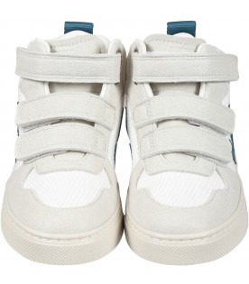 White sneakers for boy with green logo