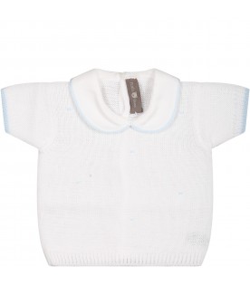 White sweater for baby boy with light blue polka dots