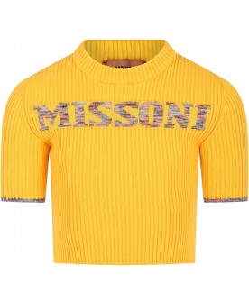 Yellow sweater for girl with multicolor embroidered logo