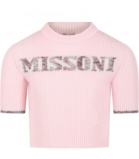 Pink sweater for girl with multicolor embroidered logo